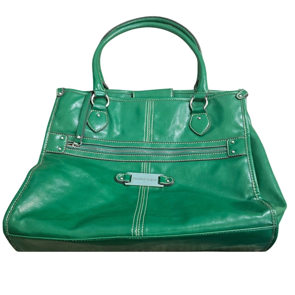 Franco Sarto Green Faux Leather Satchel Handbag Double Handle Geometric Lining